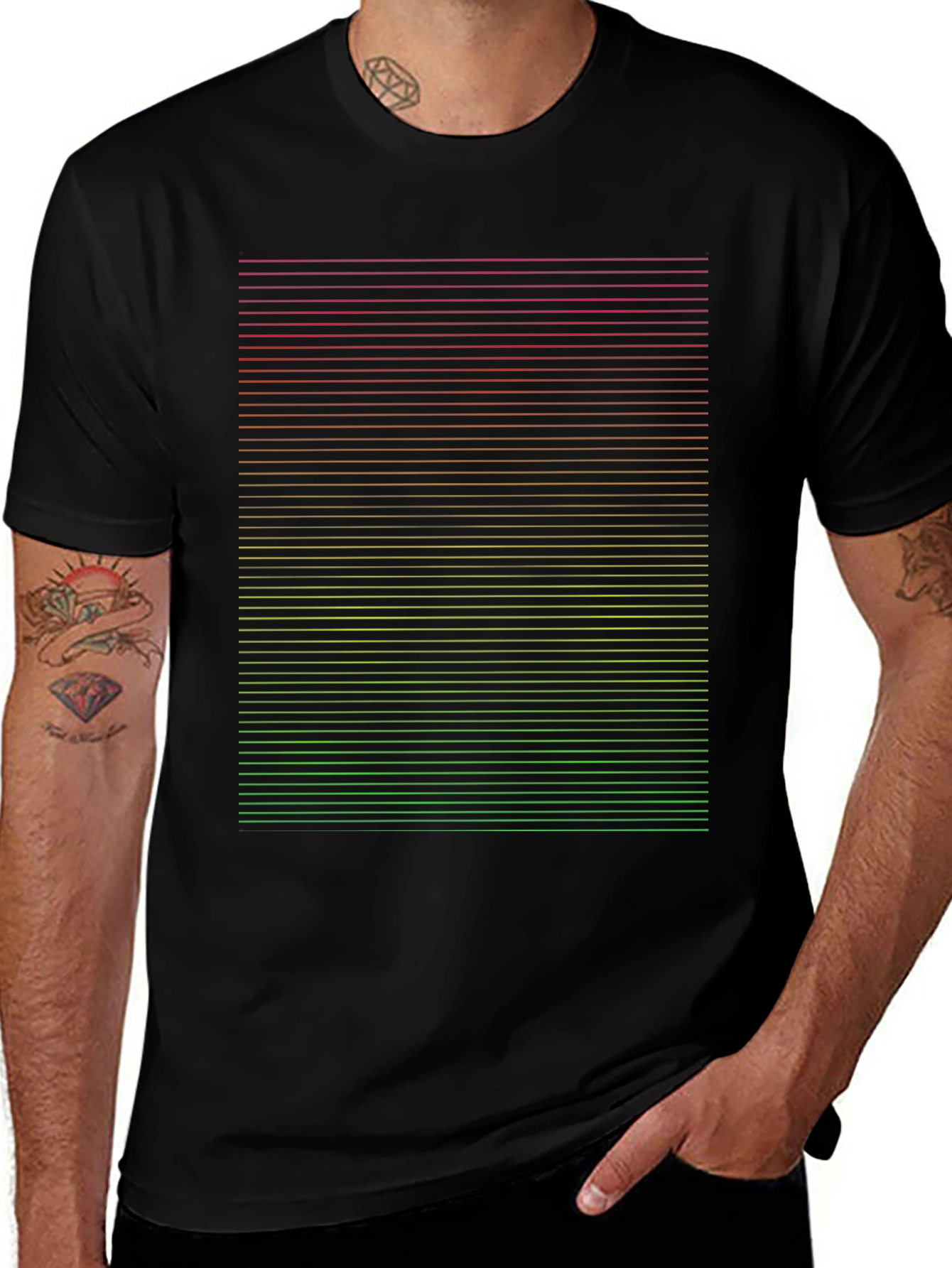 Gradient Stripe Graphic Tee - Modern Casual Black T-Shirt