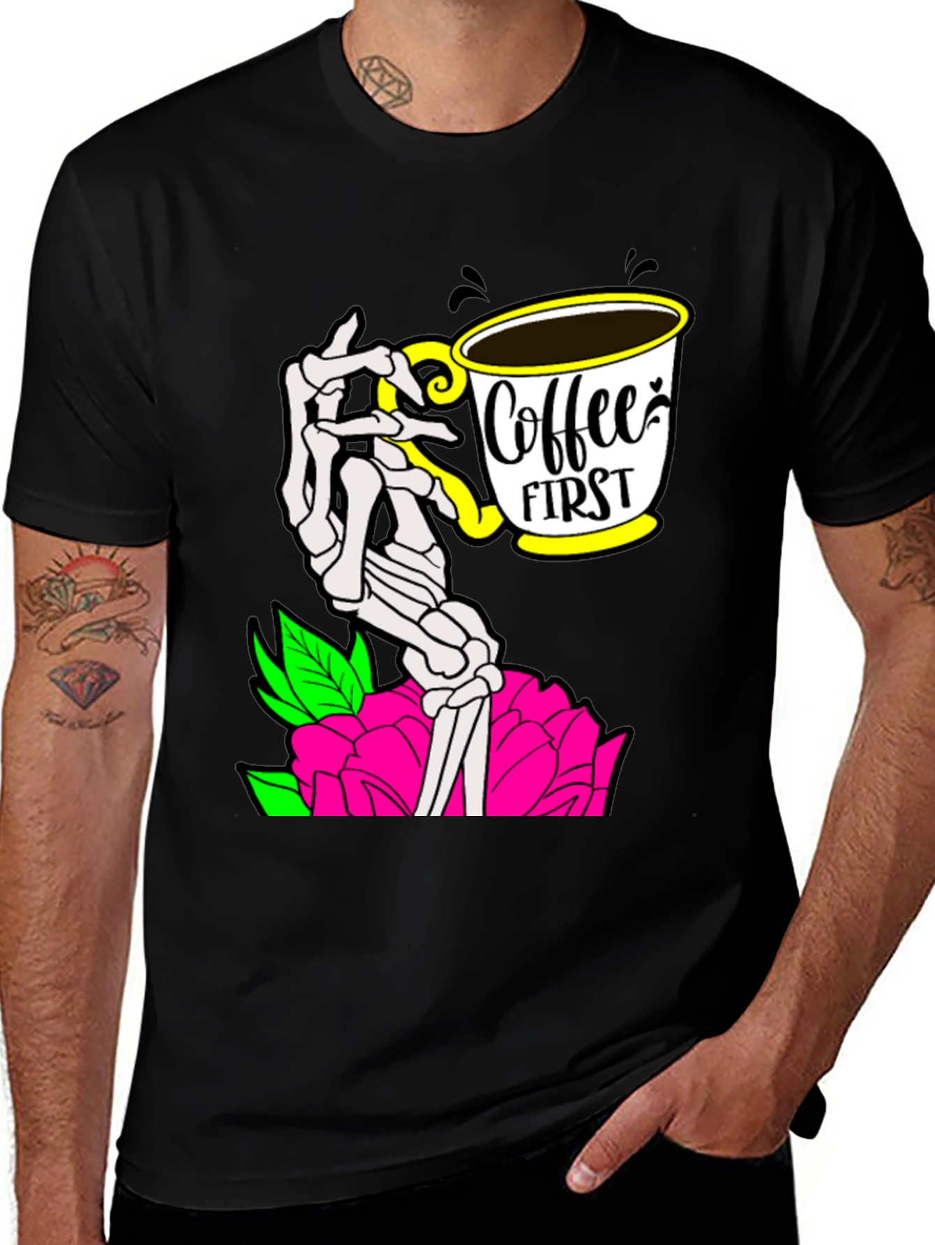 Coffee First Skeleton Hand Graphic Tee - Black