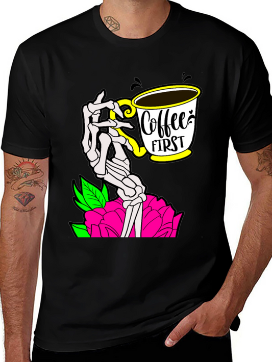 Coffee First Skeleton Hand Graphic Tee - Black