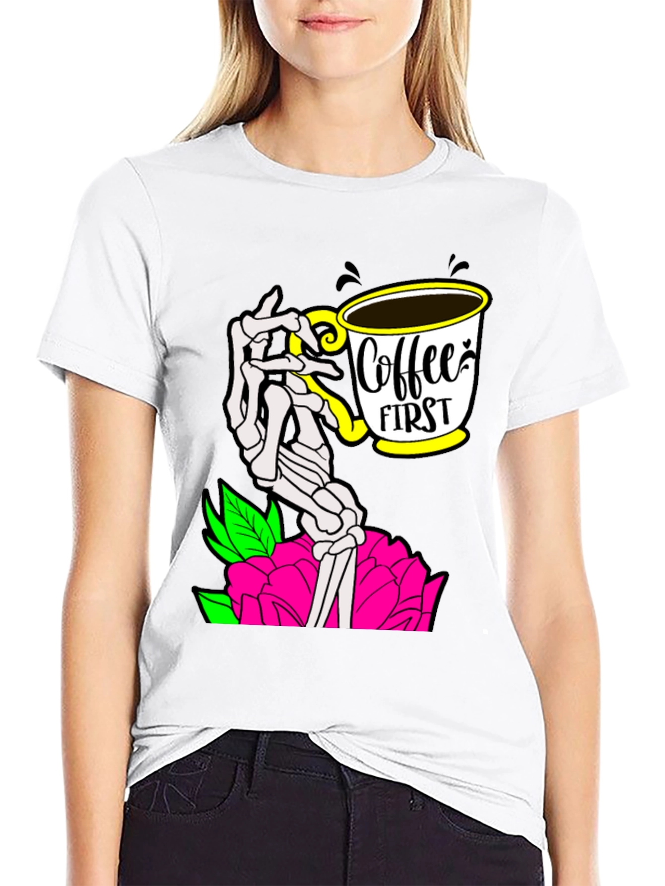 Coffee First Skeleton Hand Graphic Tee - Black