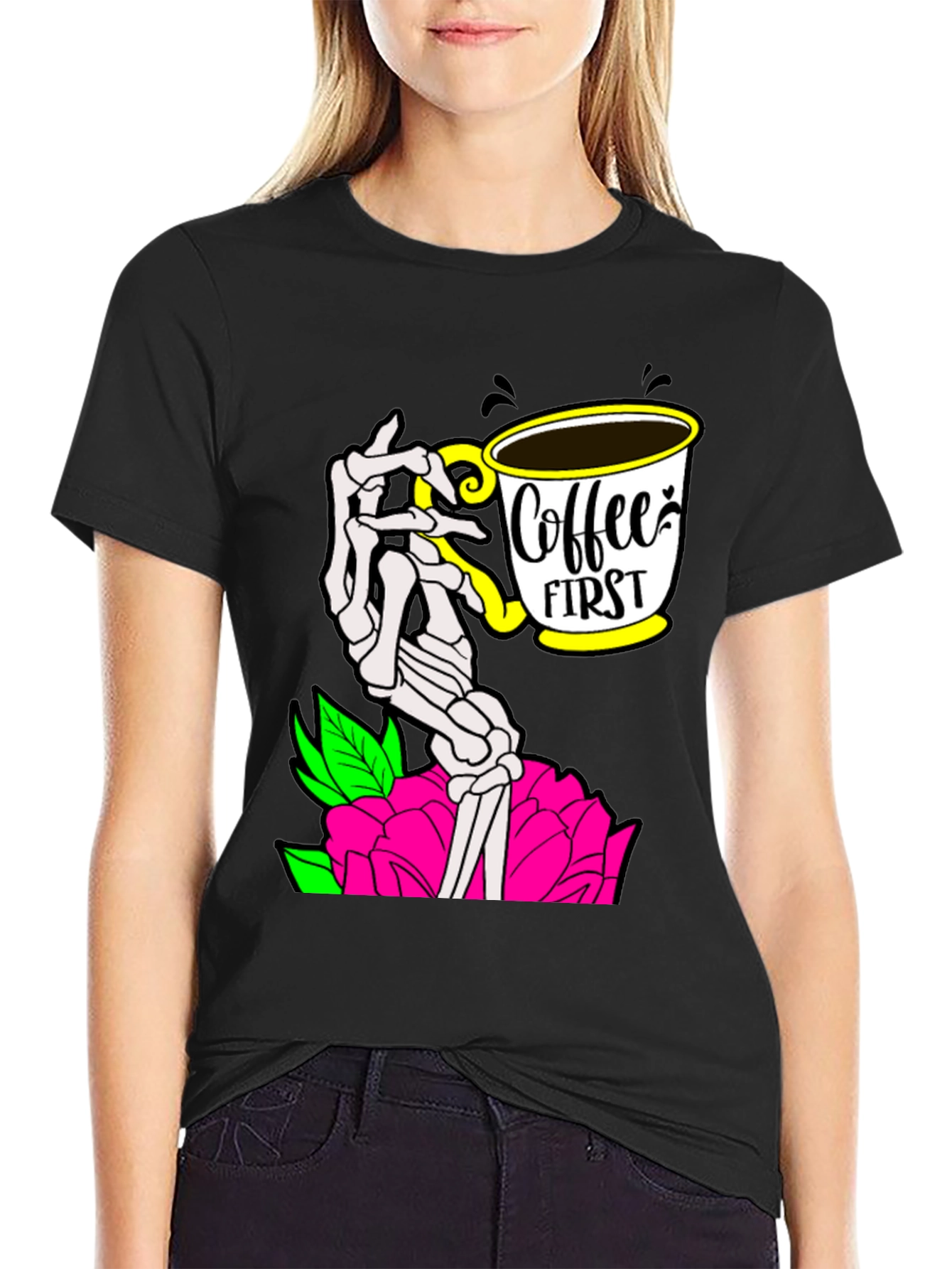 Coffee First Skeleton Hand Graphic Tee - Black