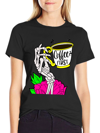 Coffee First Skeleton Hand Graphic Tee - Black