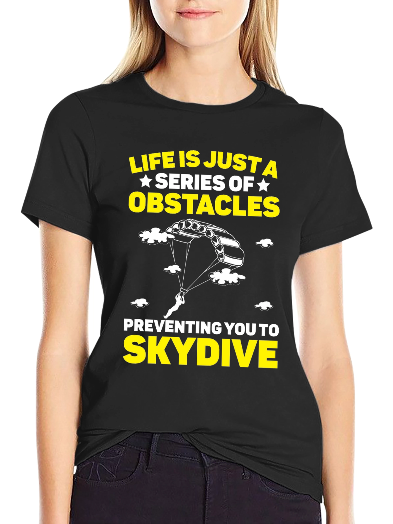 Life Obstacles Skydive Black Graphic T-Shirt