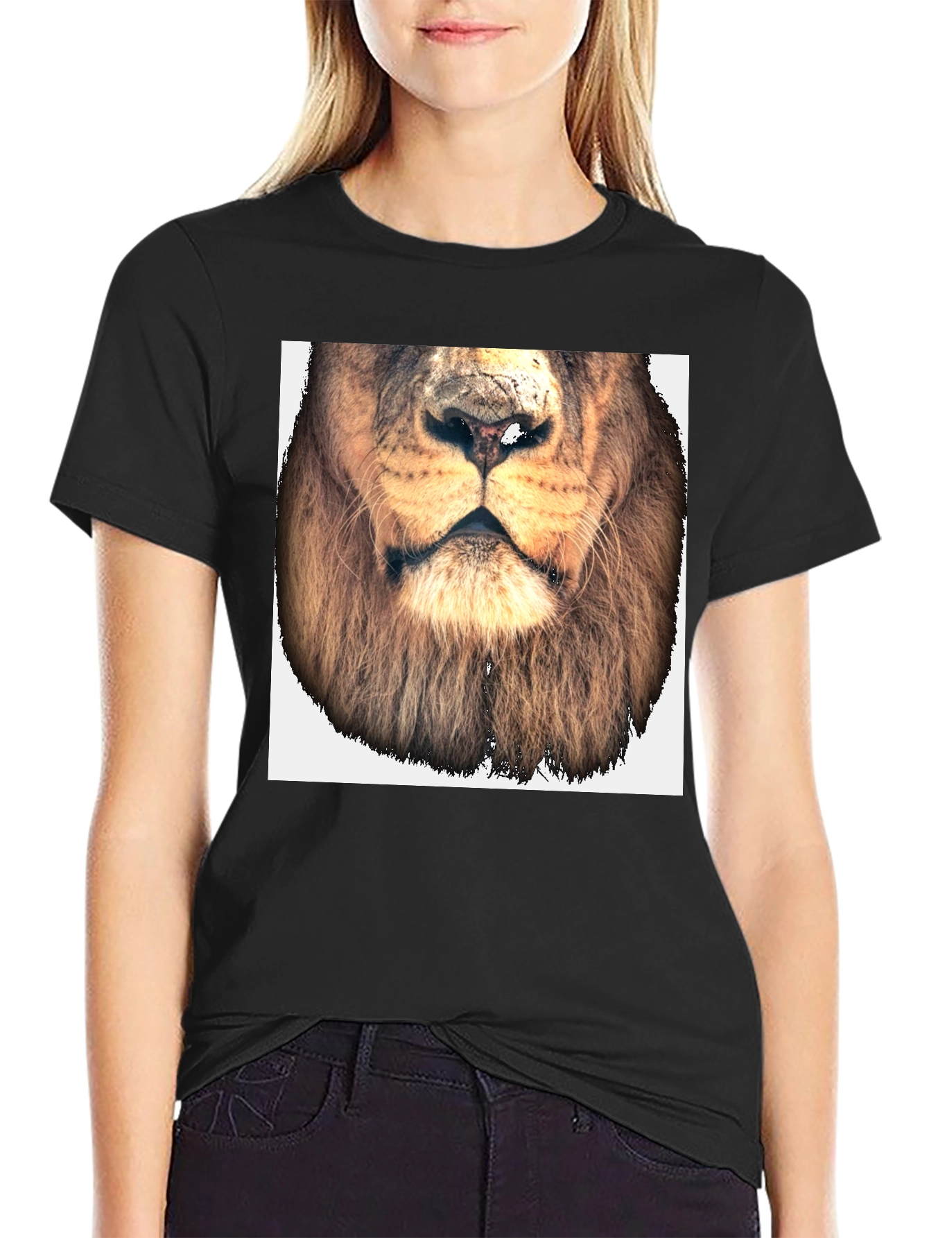Lion Face Graphic Tee - Black Cotton T-Shirt
