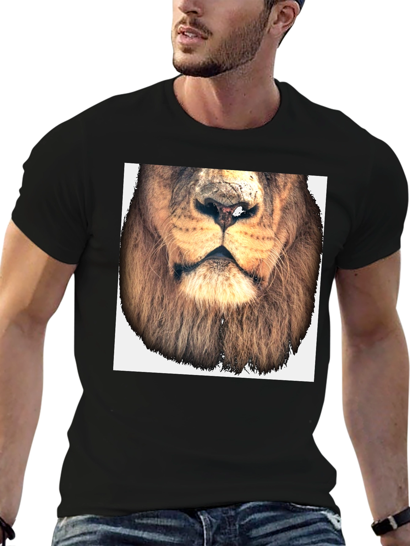 Lion Face Graphic Tee - Black Cotton T-Shirt