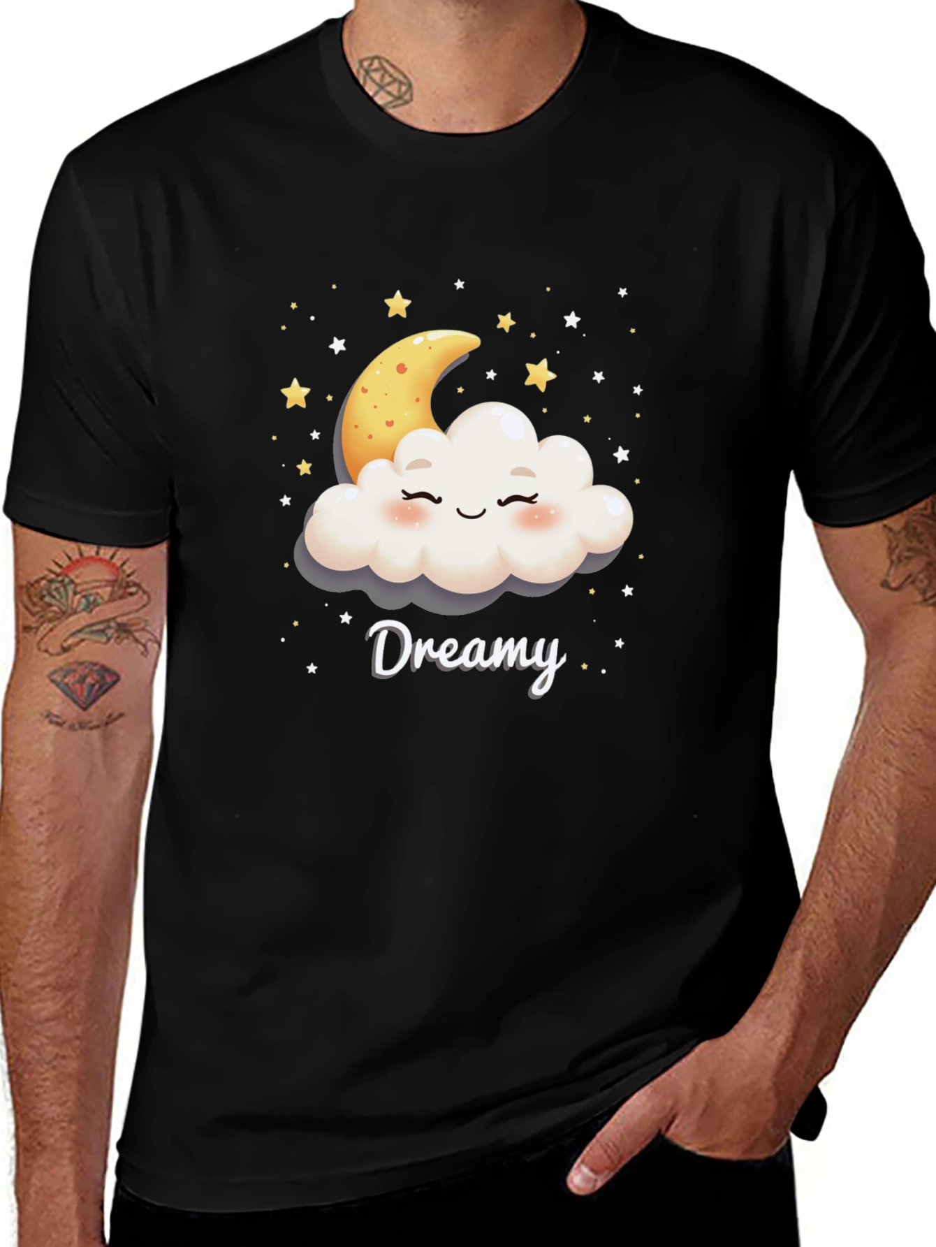 Dreamy Cloud & Moon Graphic Tee - Black Cotton