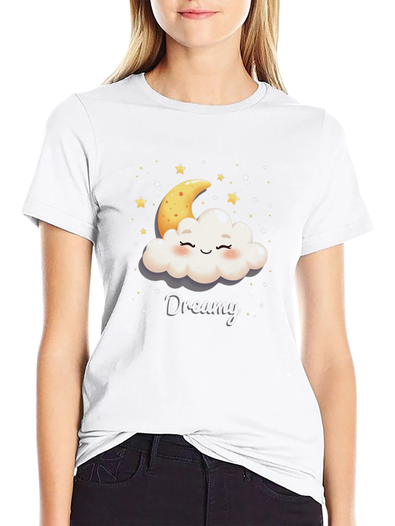 Dreamy Cloud & Moon Graphic Tee - Black Cotton