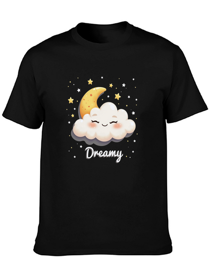 Dreamy Cloud & Moon Graphic Tee - Black Cotton