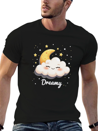 Dreamy Cloud & Moon Graphic Tee - Black Cotton