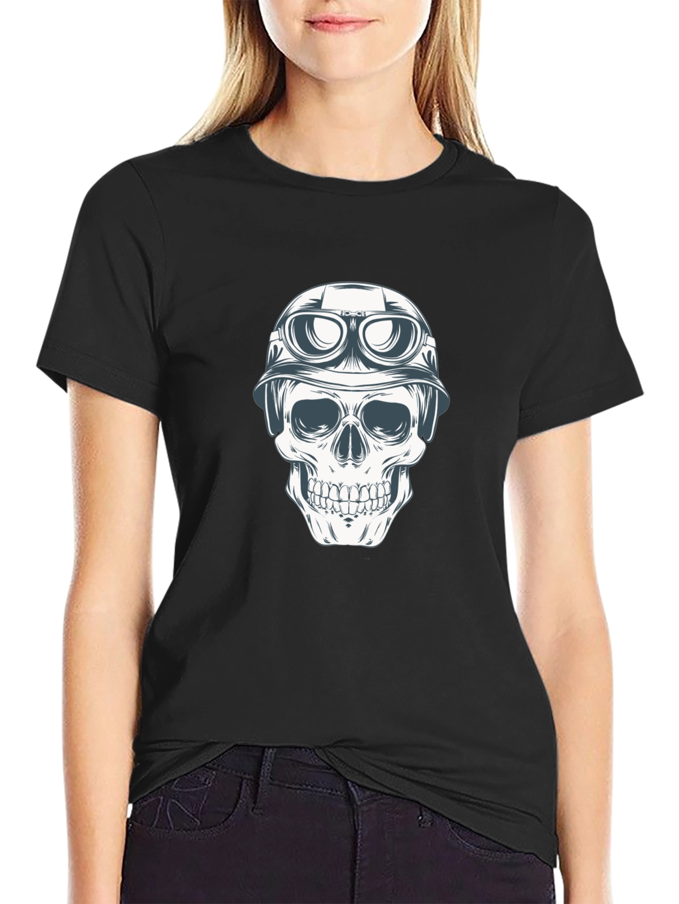 Skull in Helmet Graphic Tee - Black Cotton T-Shirt