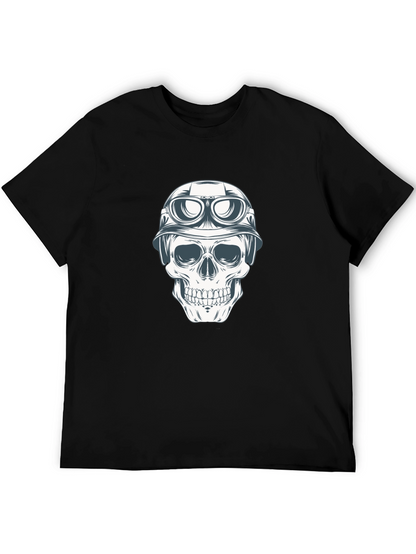 Skull in Helmet Graphic Tee - Black Cotton T-Shirt