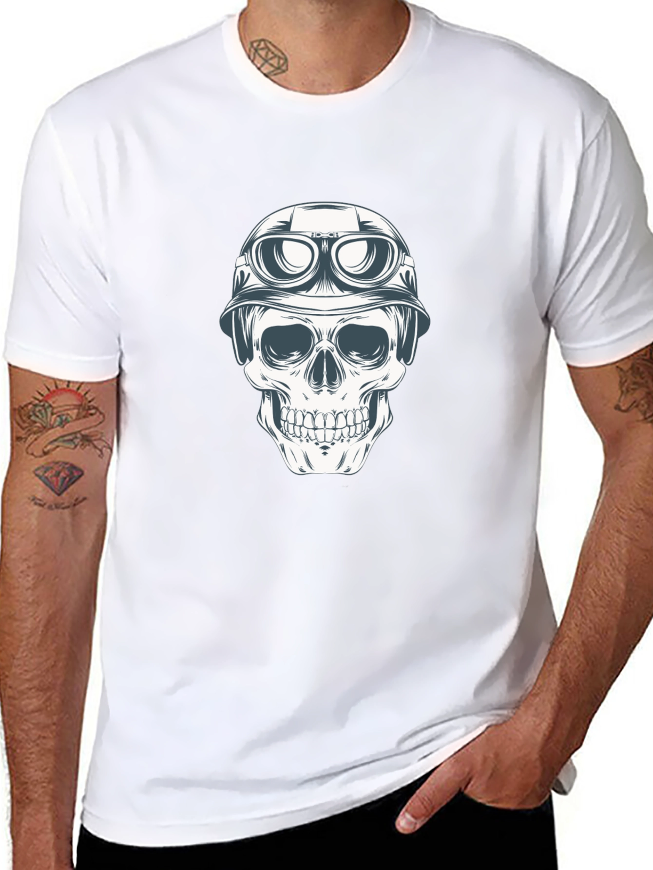 Skull in Helmet Graphic Tee - Black Cotton T-Shirt