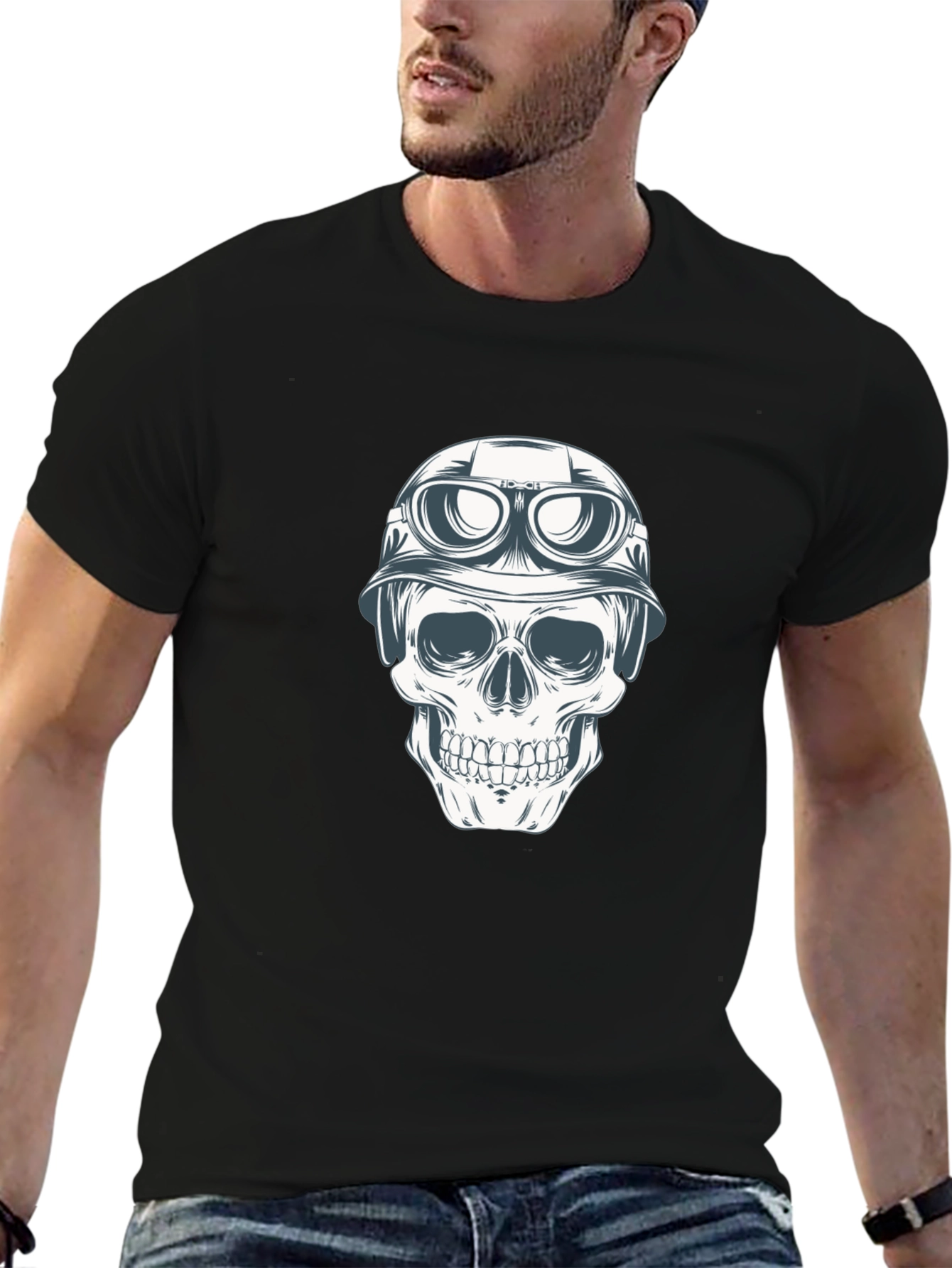 Skull in Helmet Graphic Tee - Black Cotton T-Shirt