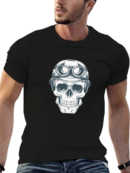 Skull in Helmet Graphic Tee - Black Cotton T-Shirt