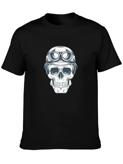Skull in Helmet Graphic Tee - Black Cotton T-Shirt