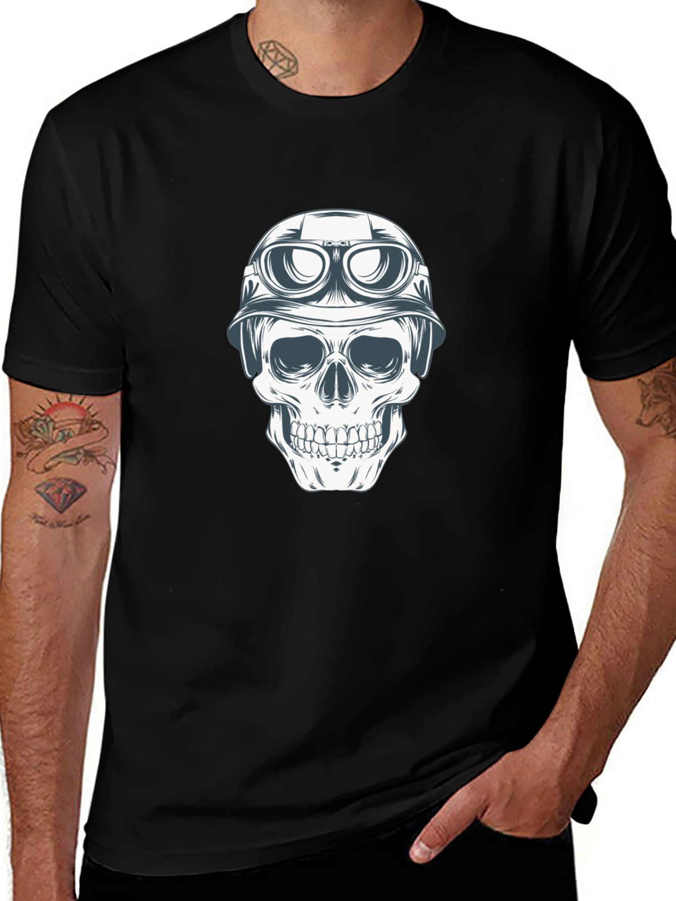 Skull in Helmet Graphic Tee - Black Cotton T-Shirt