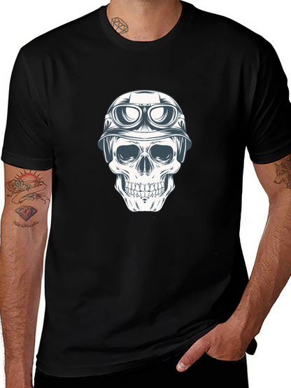 Skull in Helmet Graphic Tee - Black Cotton T-Shirt