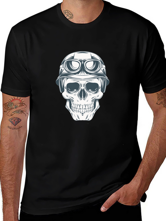 Skull in Helmet Graphic Tee - Black Cotton T-Shirt