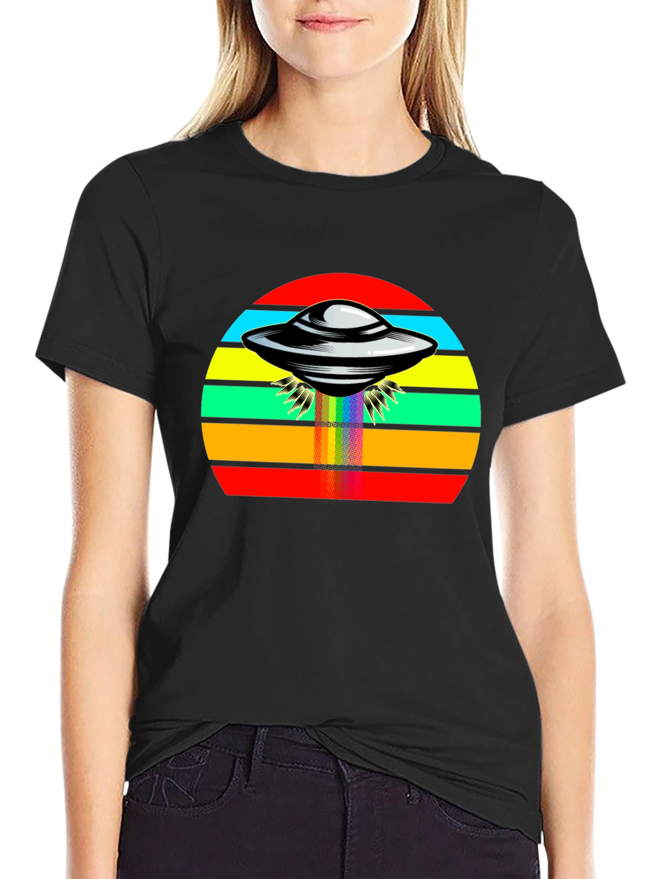 Retro UFO Rainbow T-Shirt - Black Tee