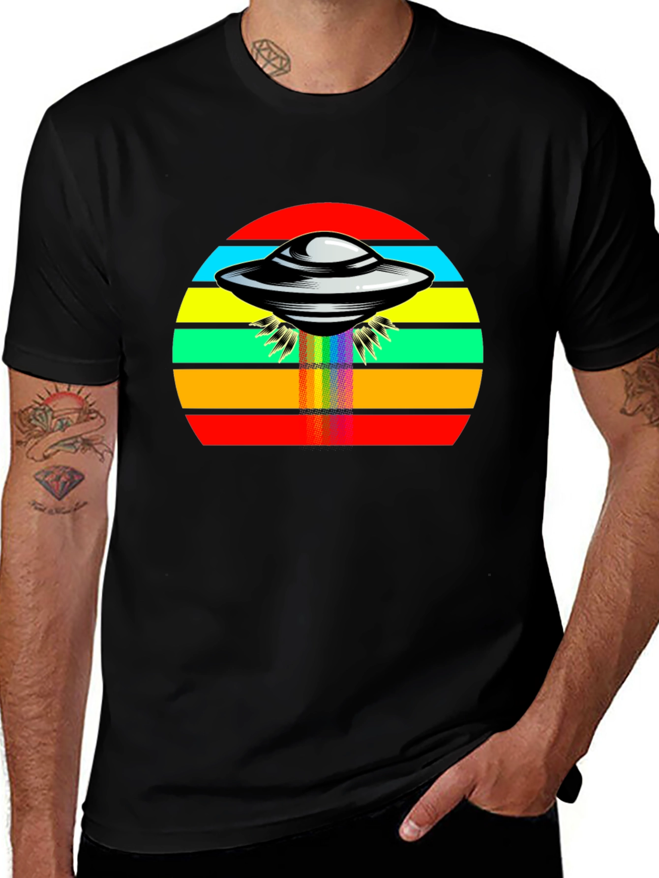 Retro UFO Rainbow T-Shirt - Black Tee