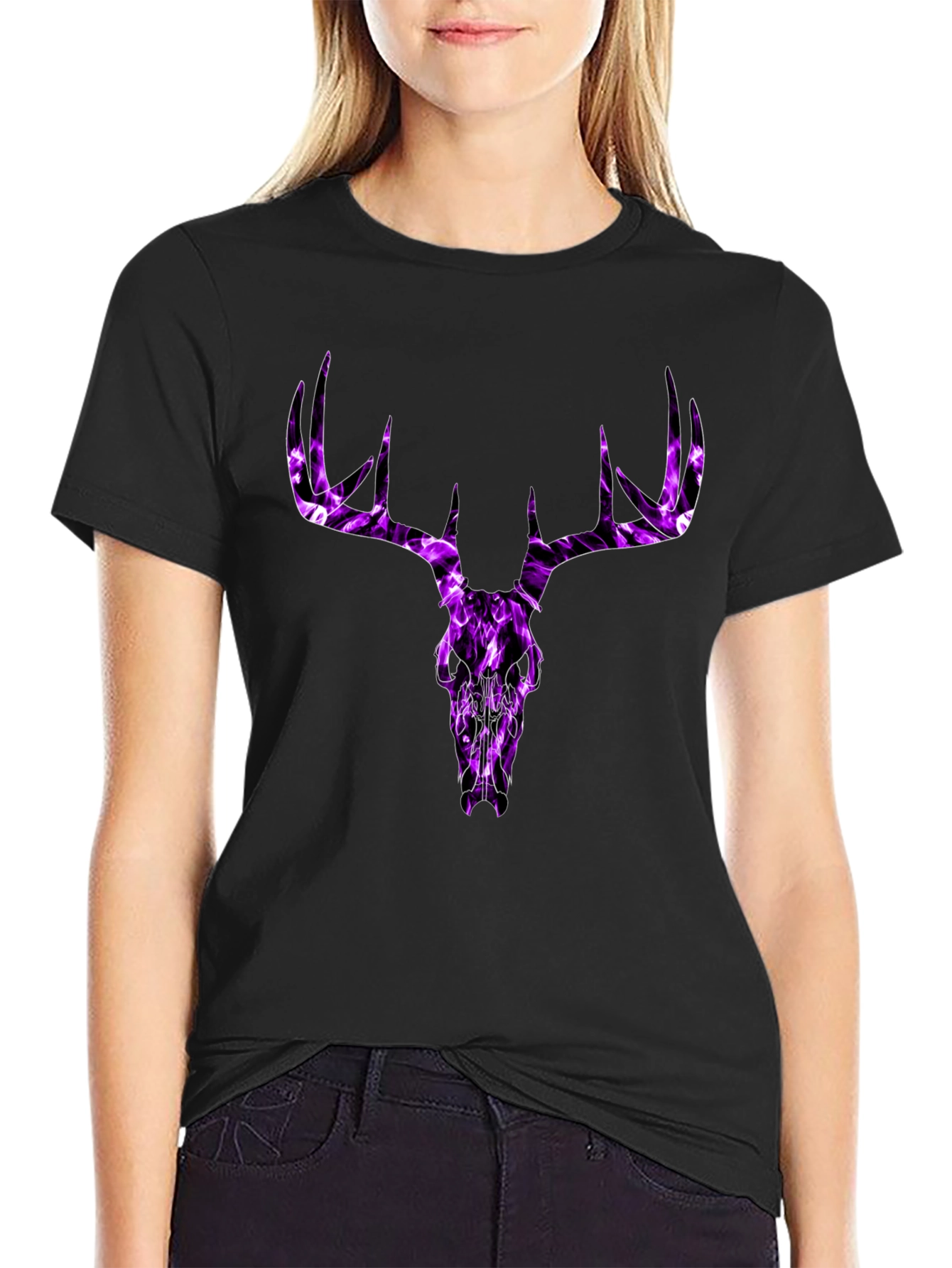 Mens Black T-Shirt with Purple Deer Skull