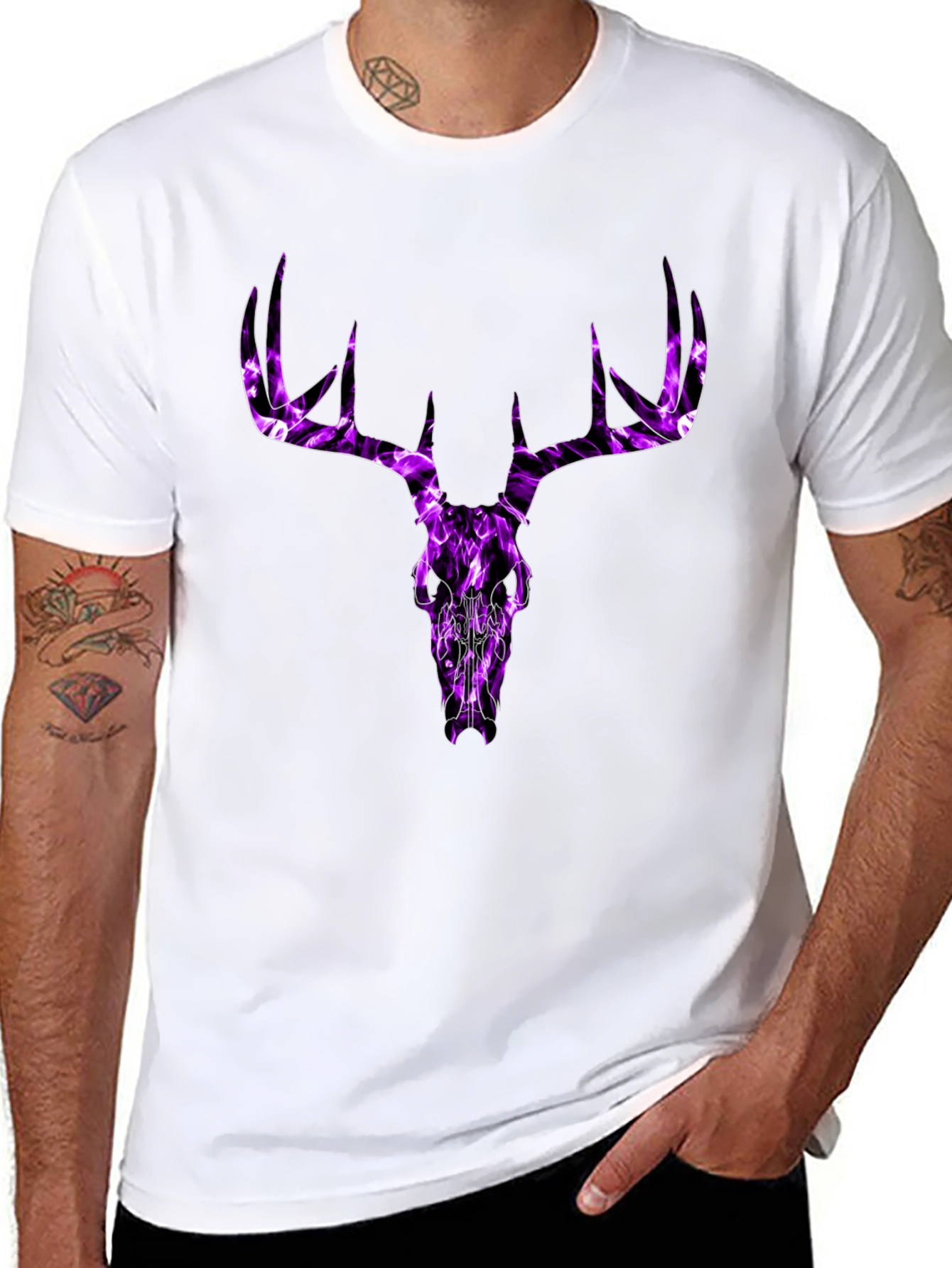 Mens Black T-Shirt with Purple Deer Skull