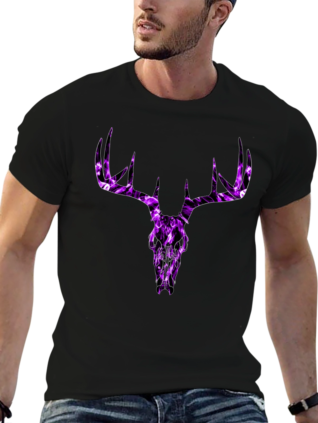 Mens Black T-Shirt with Purple Deer Skull