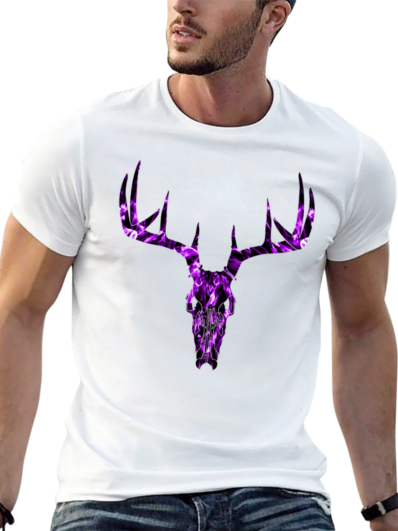 Mens Black T-Shirt with Purple Deer Skull