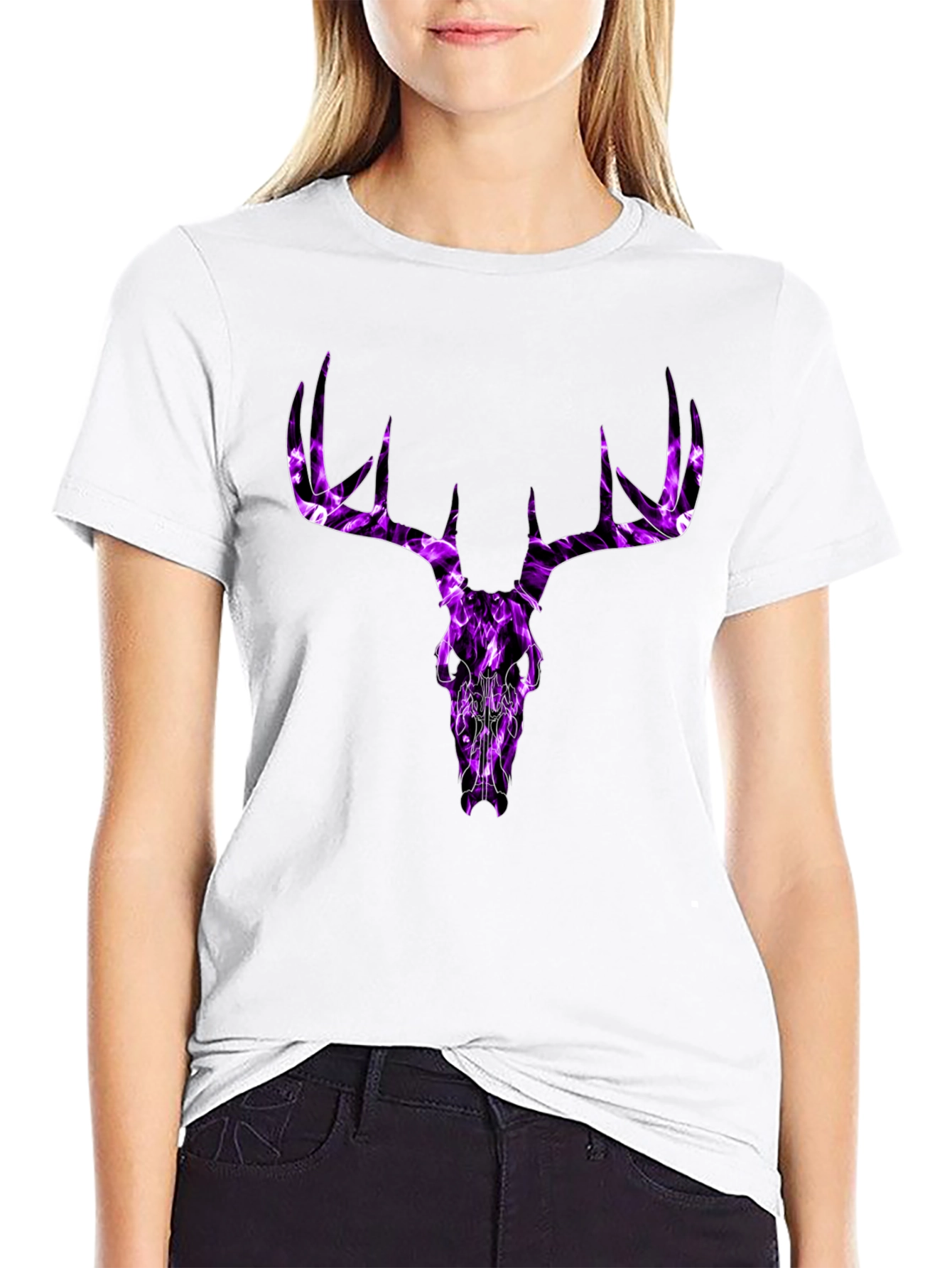 Mens Black T-Shirt with Purple Deer Skull