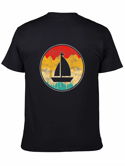 Retro Sailboat Graphic Tee - Black Cotton T-Shirt