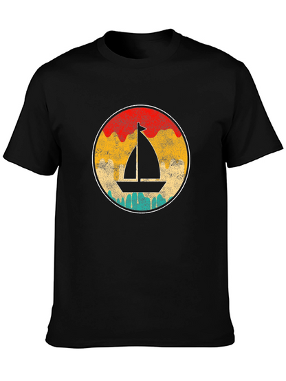 Retro Sailboat Graphic Tee - Black Cotton T-Shirt