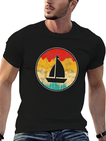 Retro Sailboat Graphic Tee - Black Cotton T-Shirt