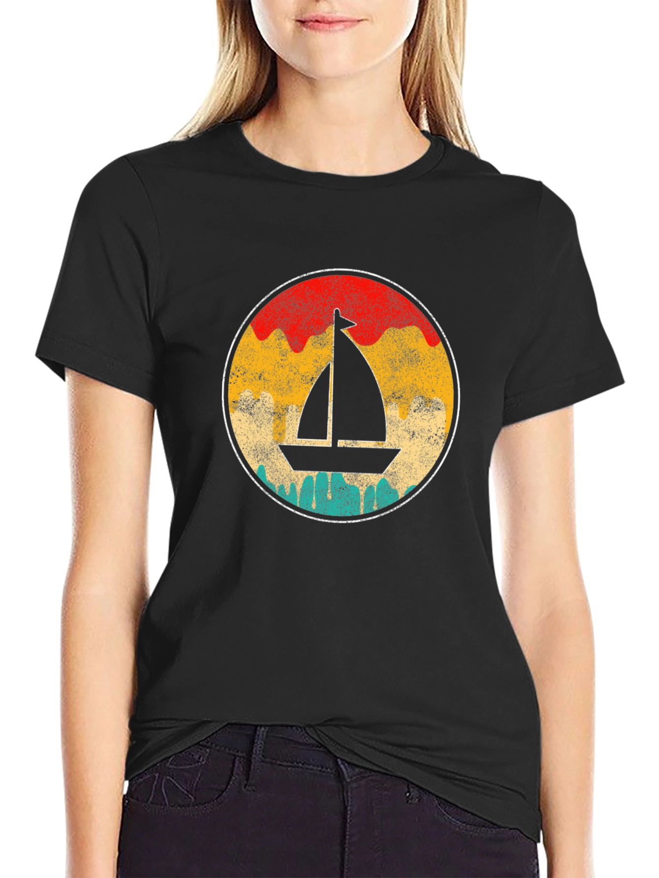 Retro Sailboat Graphic Tee - Black Cotton T-Shirt
