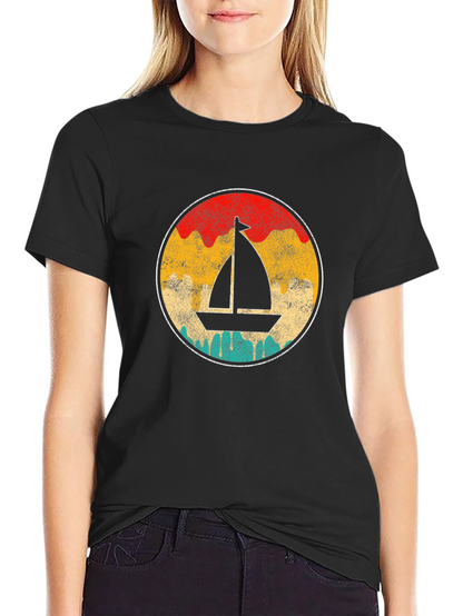 Retro Sailboat Graphic Tee - Black Cotton T-Shirt