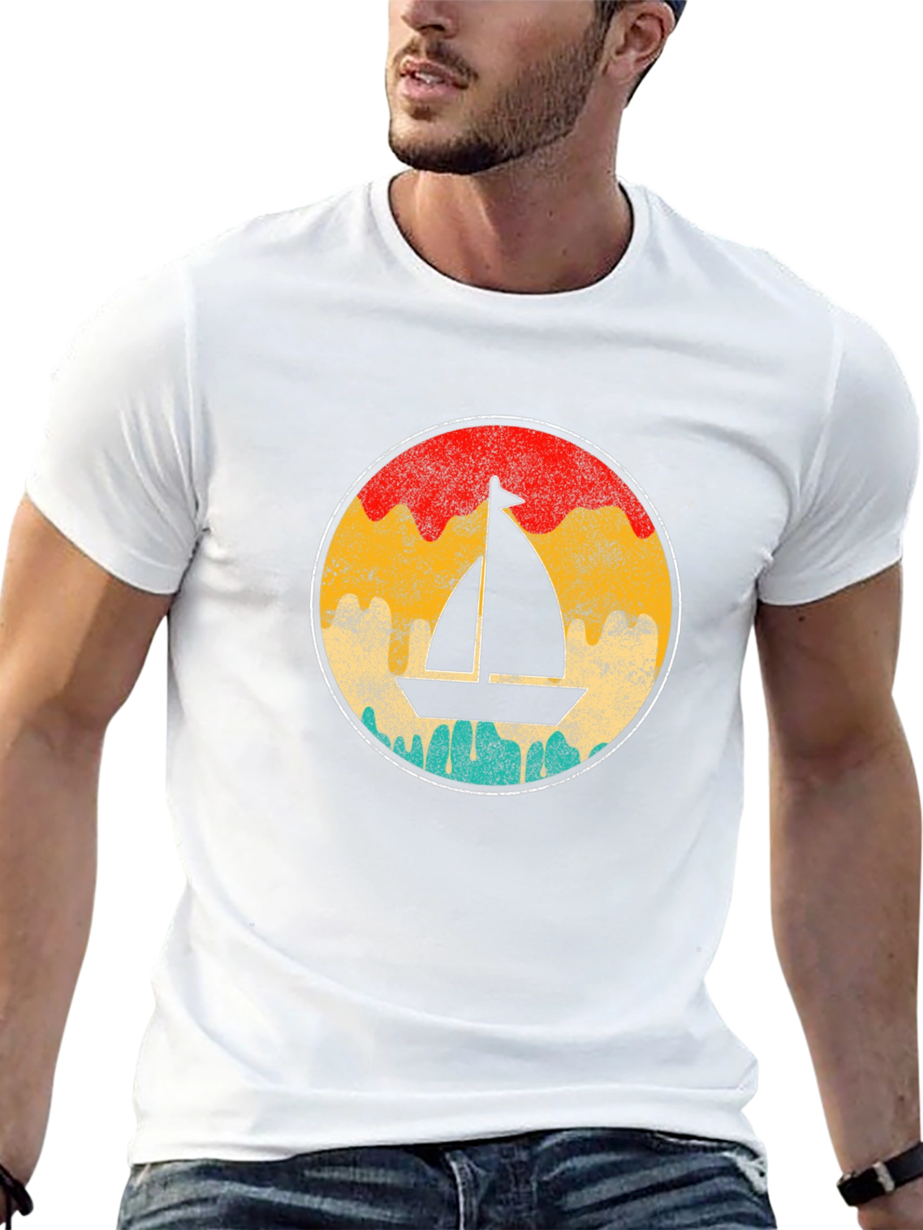 Retro Sailboat Graphic Tee - Black Cotton T-Shirt
