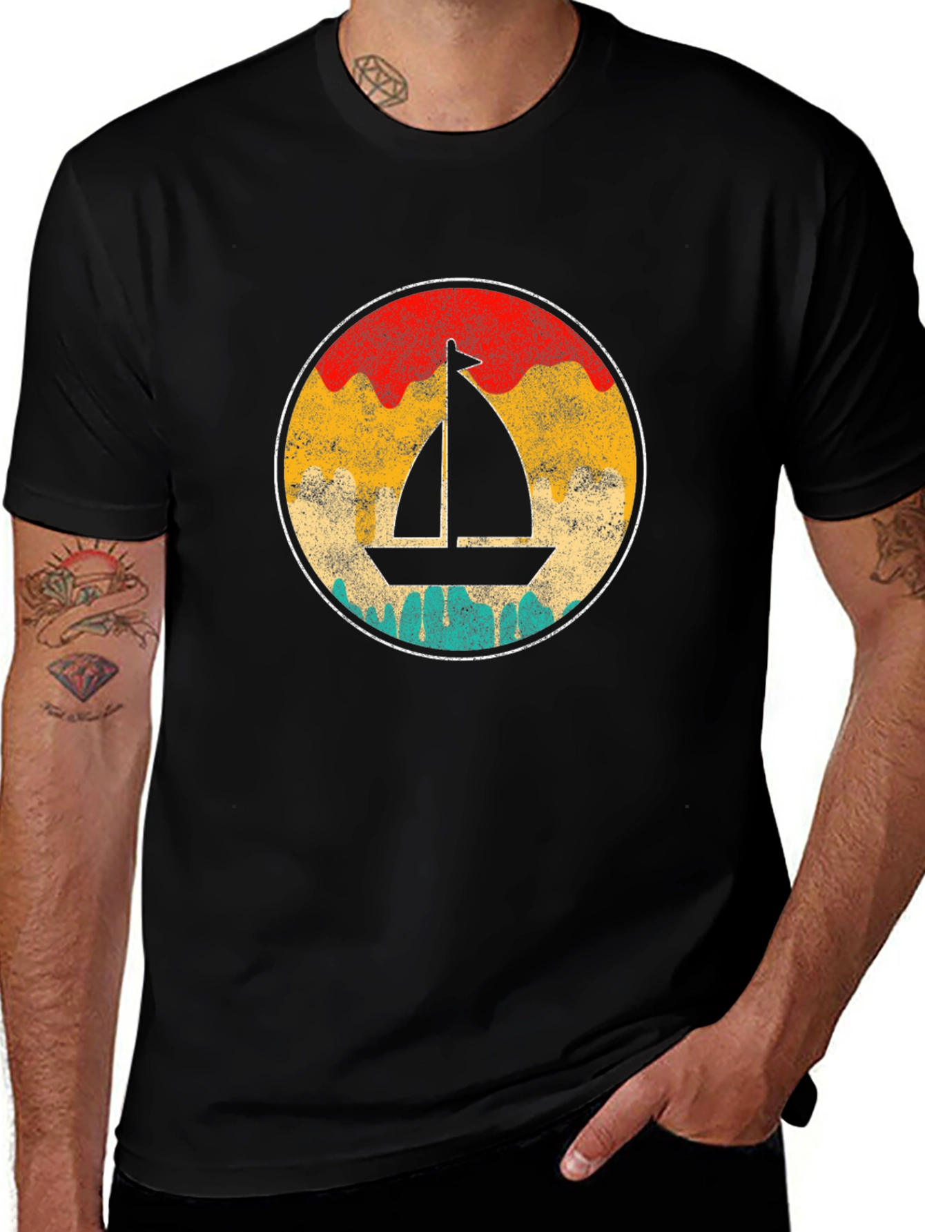 Retro Sailboat Graphic Tee - Black Cotton T-Shirt