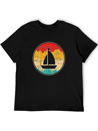 Retro Sailboat Graphic Tee - Black Cotton T-Shirt