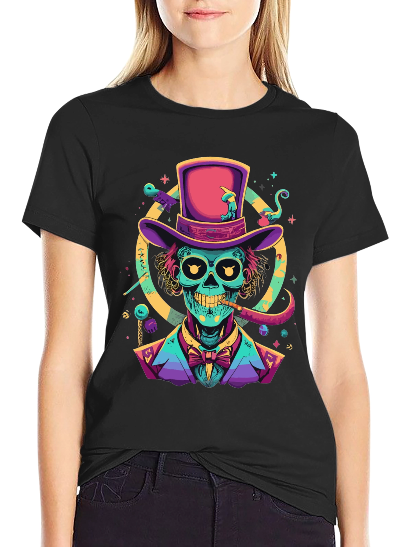 Neon Skull Magician T-Shirt - Unique Graphic Tee