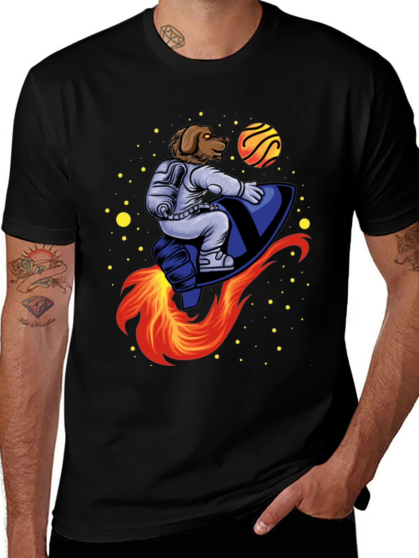 Dog Astronaut Rocket T-Shirt - Black