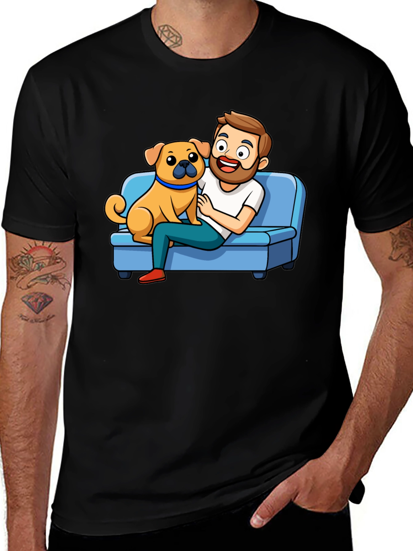 Mans Black T-Shirt: Cartoon Man & Dog Graphic