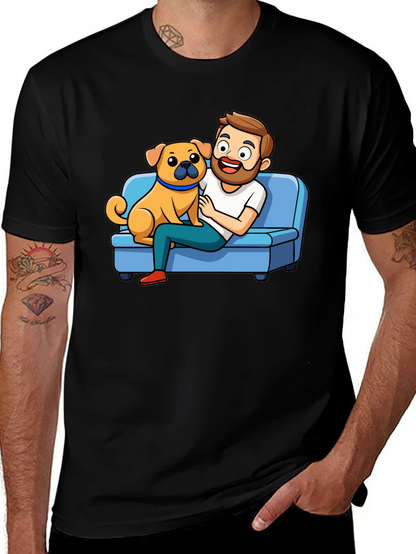 Mans Black T-Shirt: Cartoon Man & Dog Graphic