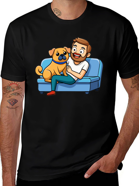 Mans Black T-Shirt: Cartoon Man & Dog Graphic