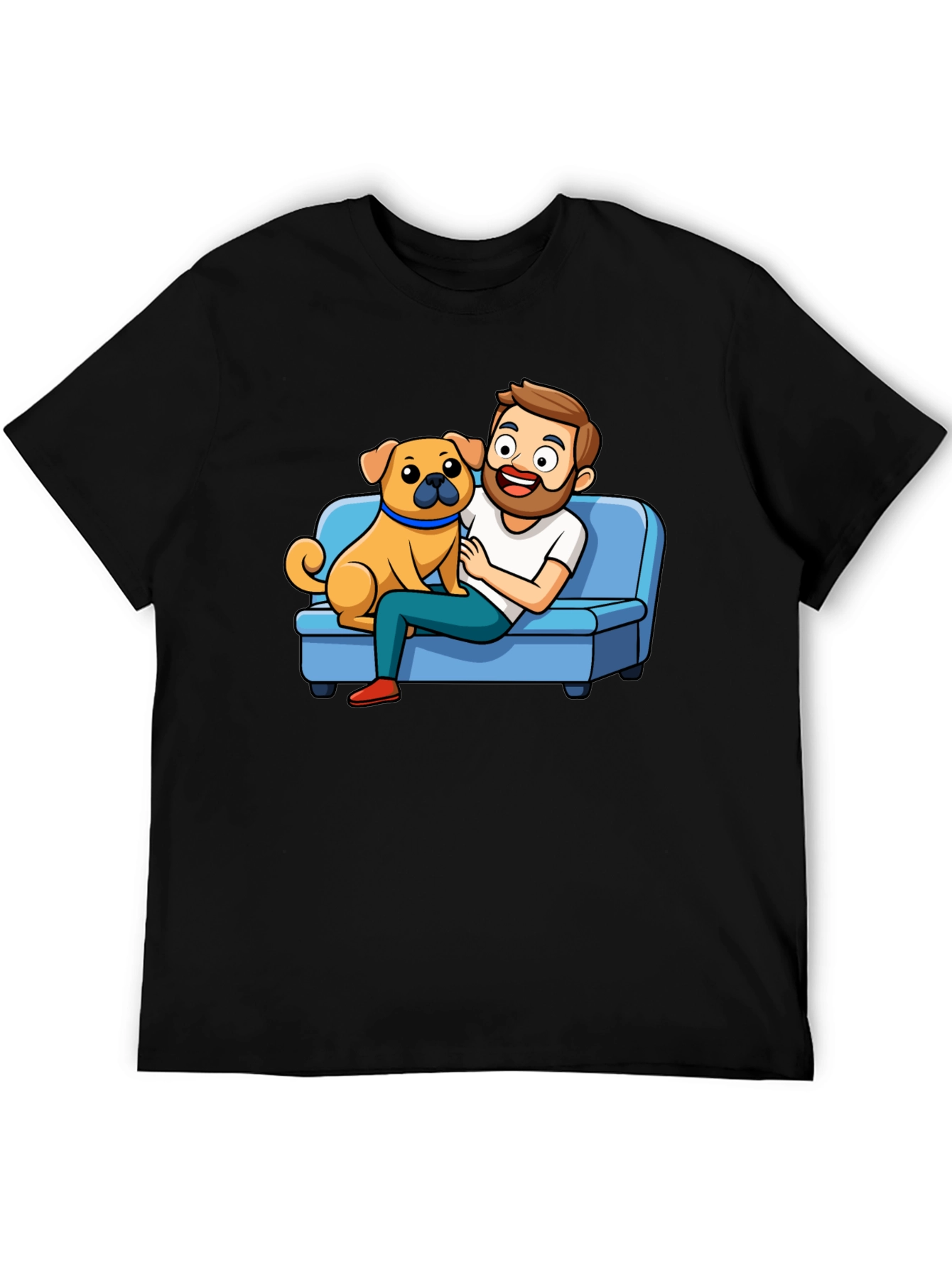 Mans Black T-Shirt: Cartoon Man & Dog Graphic