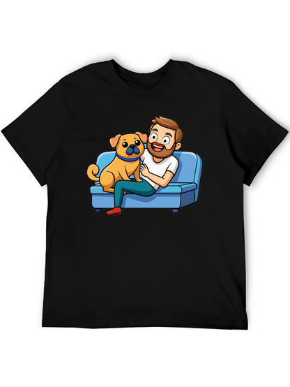 Mans Black T-Shirt: Cartoon Man & Dog Graphic