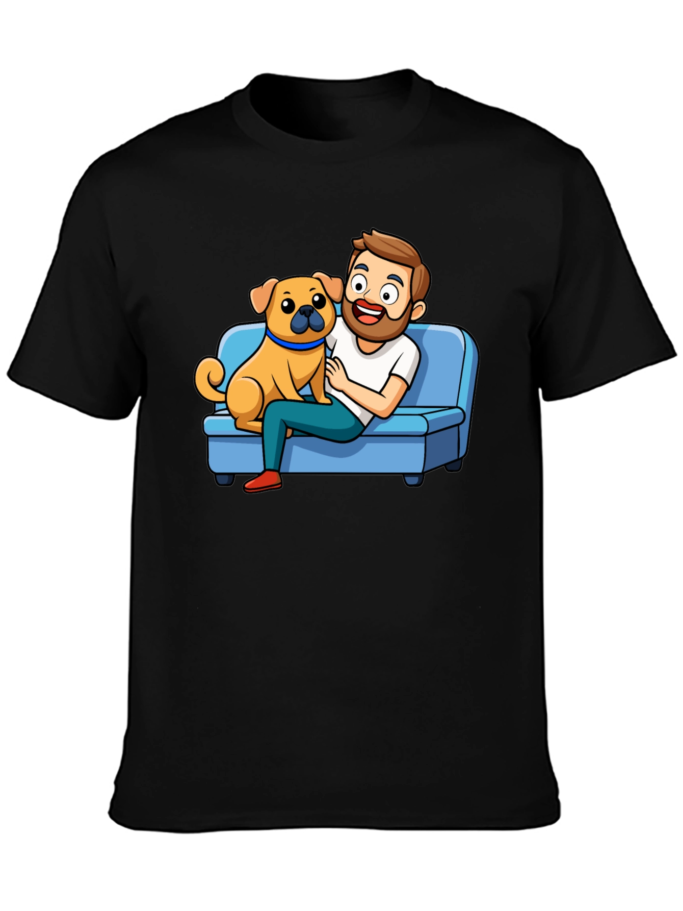 Mans Black T-Shirt: Cartoon Man & Dog Graphic