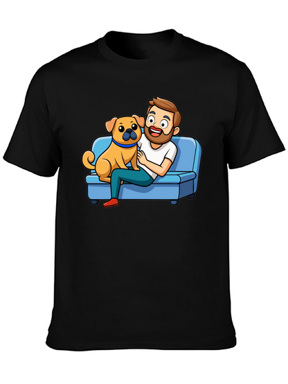Mans Black T-Shirt: Cartoon Man & Dog Graphic
