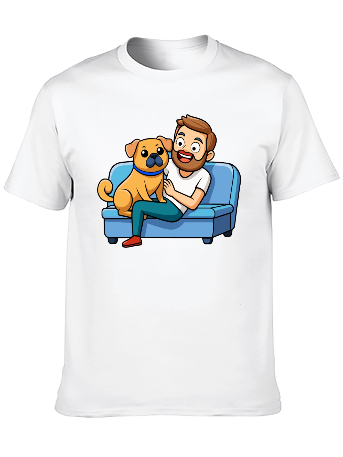 Mans Black T-Shirt: Cartoon Man & Dog Graphic