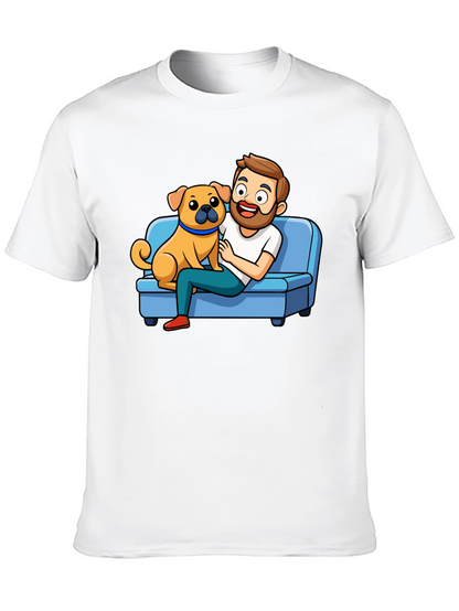 Mans Black T-Shirt: Cartoon Man & Dog Graphic