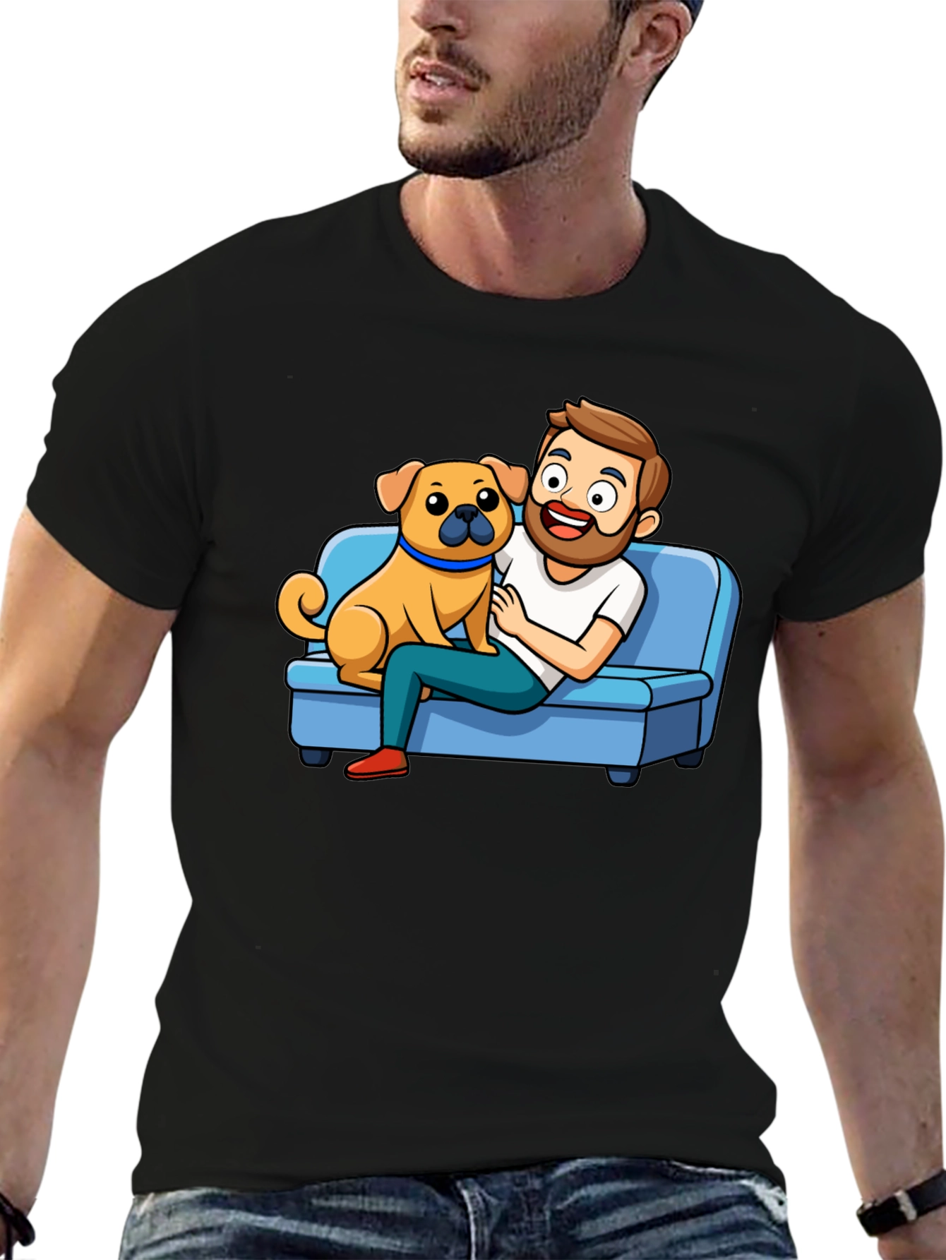 Mans Black T-Shirt: Cartoon Man & Dog Graphic