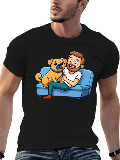 Mans Black T-Shirt: Cartoon Man & Dog Graphic